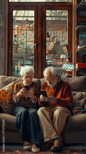 Elderly Couple Sharing Laugh with Smartphones