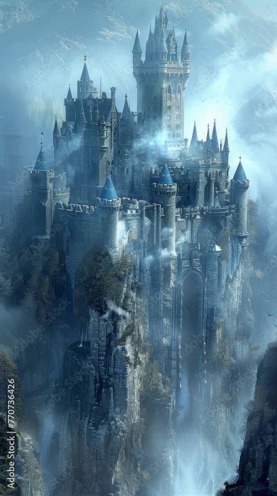 Fairytale castle shrouded in mist towers reaching for the sky