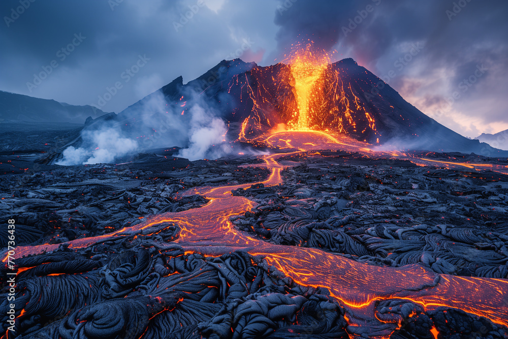 Active Volcano Erupting With Lava Flow