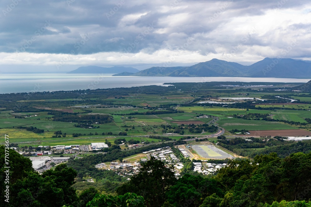 Fototapeta premium Panoramic View of Cairns as seen from Henry Ross Look Out, Kennedy Highway, enroute Kuranda.