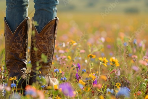 Close-up of cowboy boots in a vibrant wildflower field during golden hour