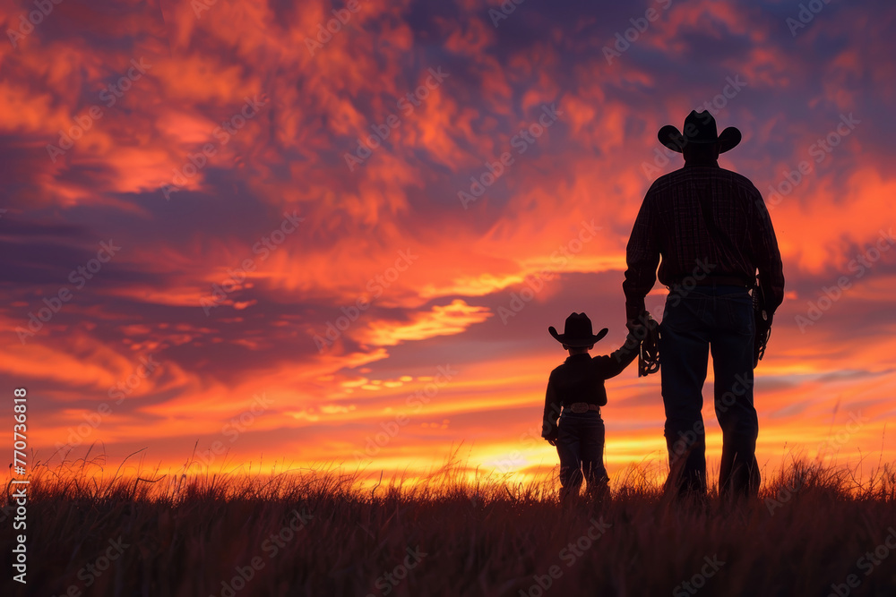 Fototapeta premium Father and son cowboy silhouettes against a vibrant sunset