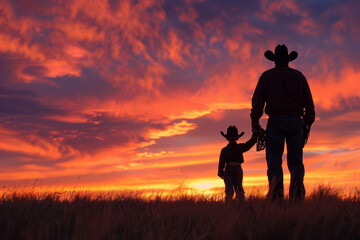 Father and son cowboy silhouettes against a vibrant sunset