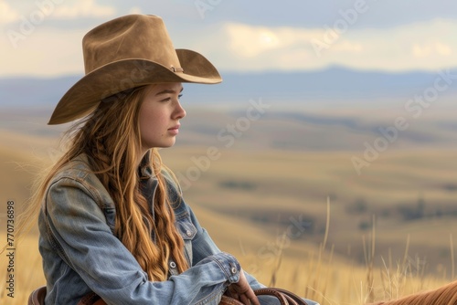Contemplative young woman in cowboy hat gazing across rolling hills © gankevstock