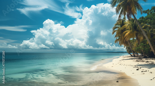 Caribbean beach with palm trees and white sand background panorama © Laura