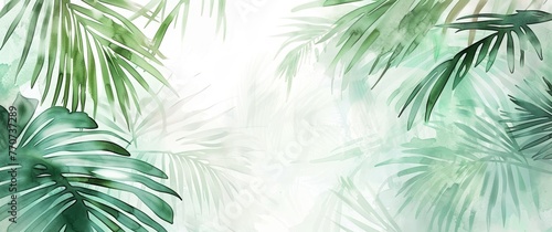 Abstract background with palm leaves in the style of watercolor and ink. Greenery on a white paper texture  green palm leaves on a light gray backdrop. A design for a wallpaper or wall mural print.