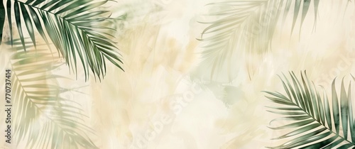 Abstract background with palm leaves in the style of watercolor and ink. Greenery on a white paper texture  green palm leaves on a light gray backdrop. A design for a wallpaper or wall mural print.