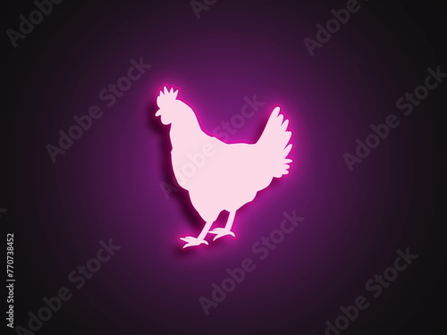 Neon light 3d logo of chicken shape on glowing background. 