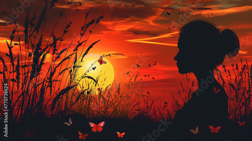 banner background from silhouette woman with butterflies at sunset