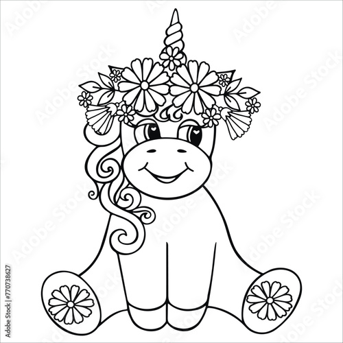Cute Unicorn in a wreath flower,  Freehand sketch . Linear flat vector illustration.  Black white contour simple sketch of decorative Unicorn.  Coloring page with Animal character