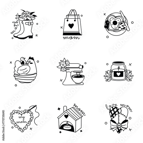 Modern Glyph Stickers Depicting Mother Care

