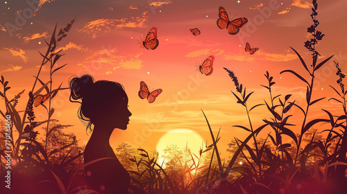 banner background from silhouette woman with butterflies at sunset