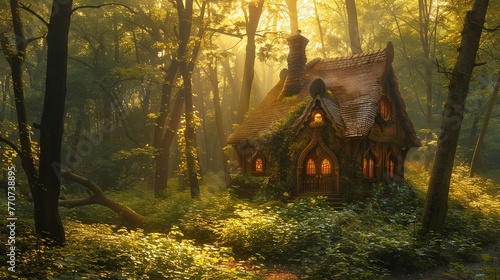 A serene forest scene with a mysterious fairy tale cottage hidden among the trees