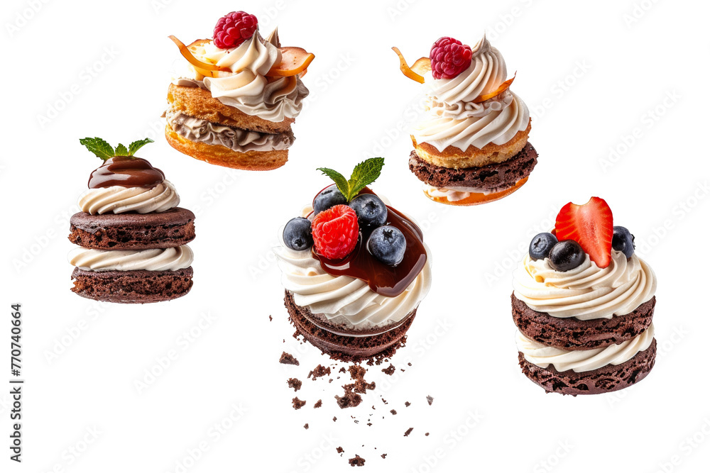 Assorted mini cakes with fruit and chocolate topping png on transparent background