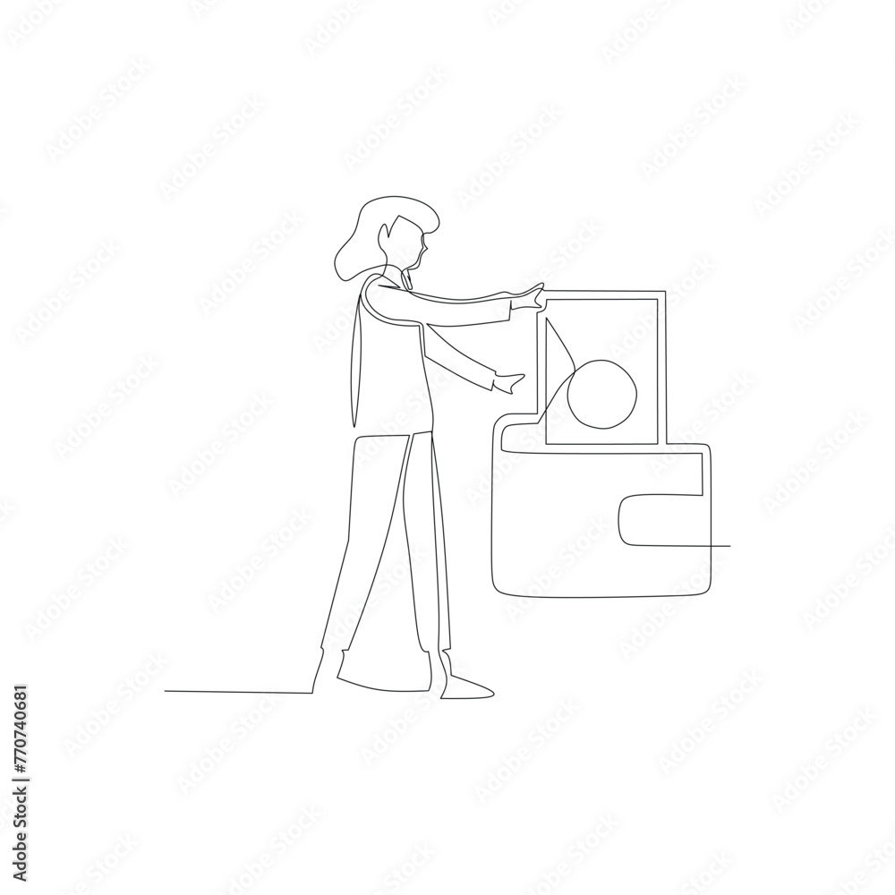 A woman saves money on a digital wallet. Digital finance concept in business and finance. Simple continuous line drawing vector illustration A woman saves money on a digital wallet. Digital finance concept in business and finance. Simple continuous line drawing vector illustration