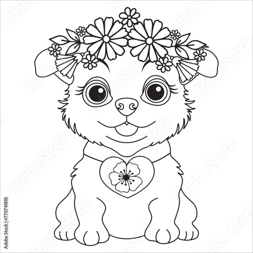Vector black white contour simple sketch of decorative dog, Coloring page with Animal character