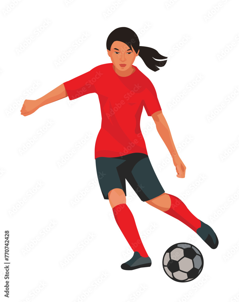 Mongolian teenager girl playing women's football in red uniform dribbling the ball on the field and going to kick a ball on a white background