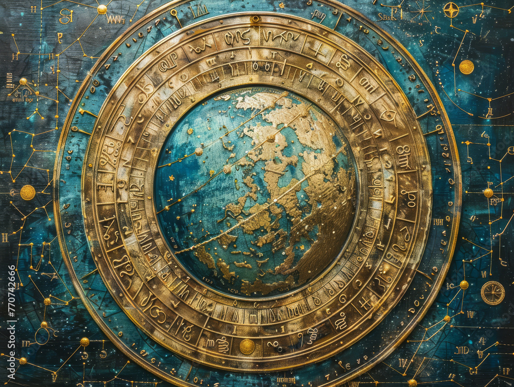 Fototapeta premium A celestial map of zodiac signs blending into a cosmic tapestry, professional color grading