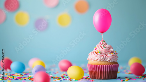 birthday cake and balloons on blue background