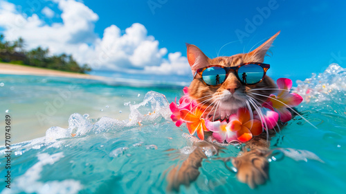 the cat swims on the surf. Selective focus.