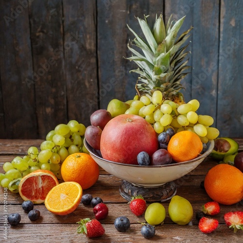 Different fruits on a wooden table