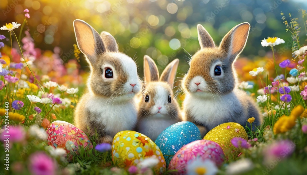 3D rendering baby bunny family, adorable big eyes, on a colorful flower meadow with painted easter eggs 3D rendering baby bunny family, adorable big eyes, on a colorful flower meadow with painted easter eggs