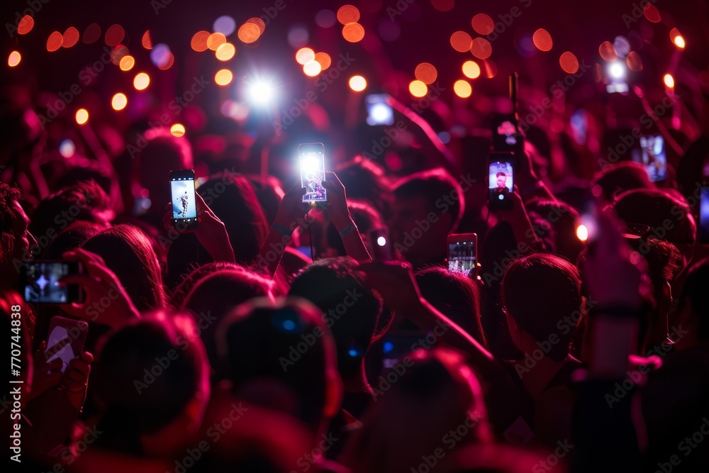 A large crowd of people holding cell phones in their hands, illuminated by the glow of their screens at a music concert