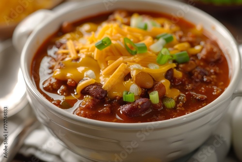 A white bowl filled with classic bean chili topped with melted cheese and garnished with green onions for added flavor