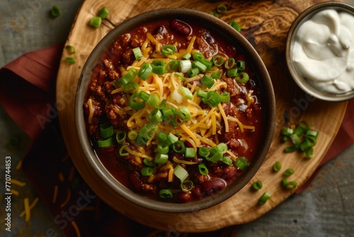 A bowl of classic bean chili topped with sour cream and green onions for extra flavor