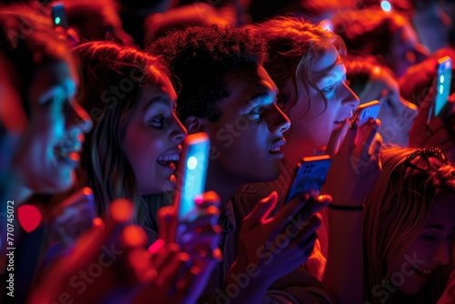 A group of individuals focusing intently on their smartphones, illuminated faces absorbed in digital screens