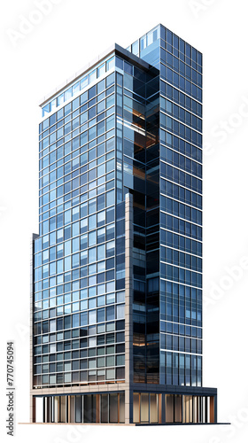 Modern office building isolated transparent, urban highrise cityscape, high tower tech company firm exterior for architecture visual concept design asset, cutout blue facade skyline city block element