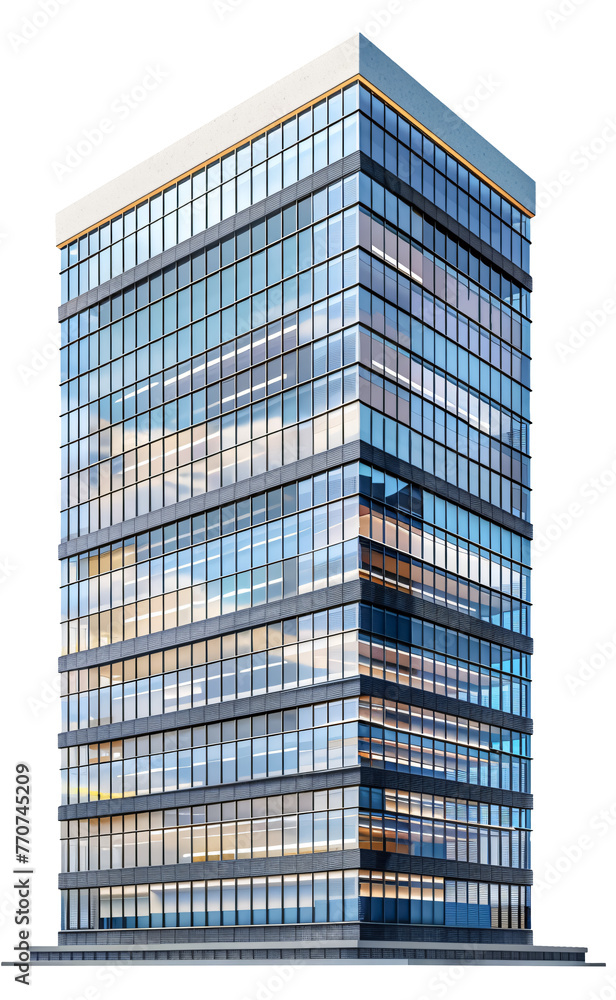 Fototapeta premium Modern office building isolated transparent, urban highrise cityscape, high tower tech company firm exterior for architecture visual concept design asset, cutout blue facade skyline city block element