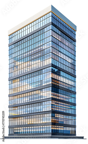Modern office building isolated transparent, urban highrise cityscape, high tower tech company firm exterior for architecture visual concept design asset, cutout blue facade skyline city block element