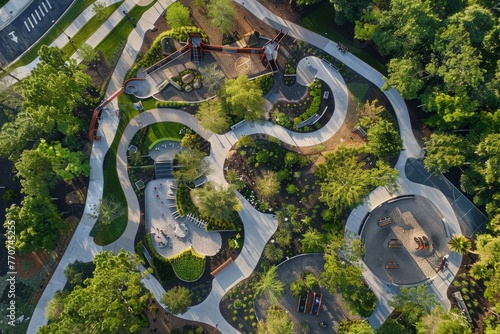 A drone captures an aerial view of a skate park within a park, showcasing ramps, rails, and skaters in action