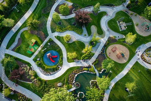 A drone captures an aerial view of a playground in a park, showing various play structures and open green spaces