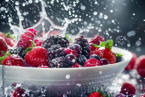 A white bowl filled with assorted ripe berries and water  capturing the moment a berry splashes into the liquid