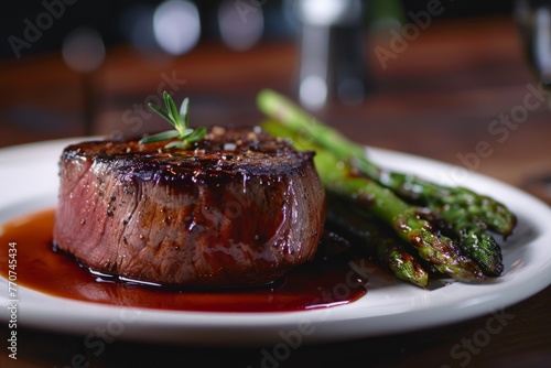 A plate featuring a juicy steak and grilled asparagus, perfectly cooked and ready to be enjoyed