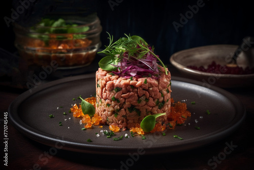 Tuna tartare with microgreens on a plate.