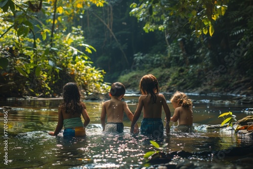 Young children excitedly wading in a river against a forest backdrop