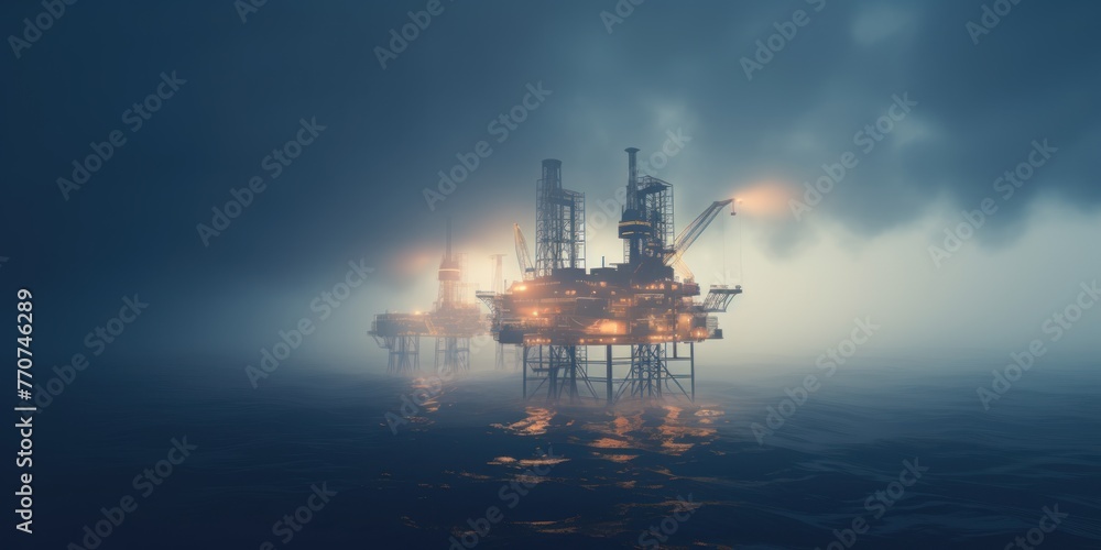 Offshore oil drill platform in sea at night.