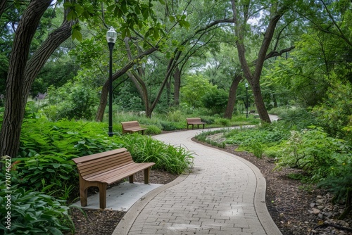 A pathway winding through a park  lined with benches and trees  creating a peaceful atmosphere for visitors to relax and enjoy nature