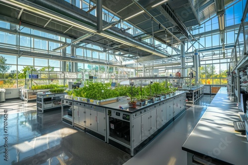 A room in a building filled with numerous plants, showcasing a diverse collection within a botanical research facilitys laboratories and greenhouses