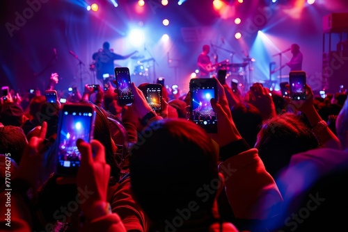 A panoramic view capturing a crowd of people holding up their cell phones in unison at a live event, with performers in the background