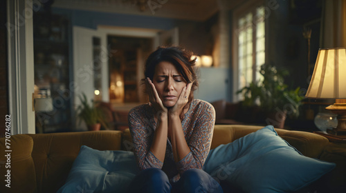 40s hispanic woman sitting on the couch, with headache pain and anxiety photo