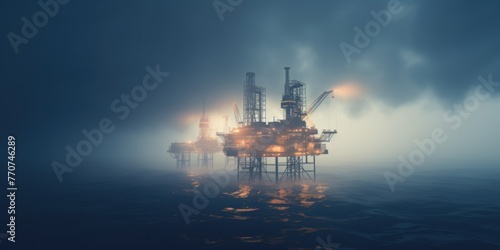 Offshore oil drill platform in sea at night.