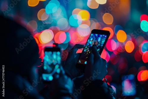 A person using their smartphone to capture a moment, focusing on the glowing lights of the device