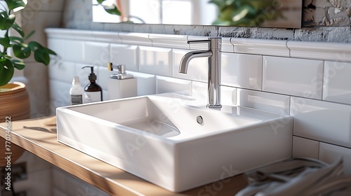 White sink on wooden counter in bathroom with plant