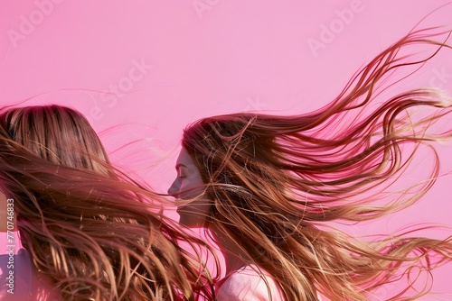 Girls with long hair against pink background, beautiful brunettes