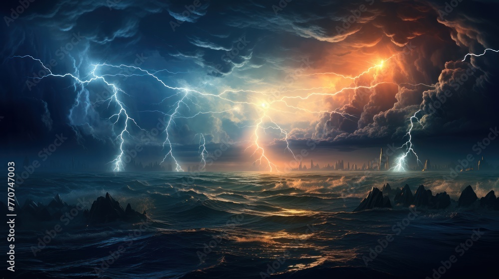 Bright lightning strike over sea tide in a thunderstorm at night. - obrazy, fototapety, plakaty 