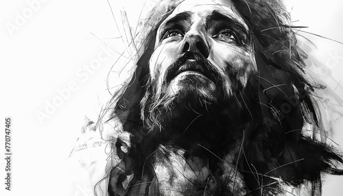 Sketch style portrait of Jesus Christ on white background.